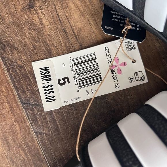 Little Kid's Adidas Adilette Comfort Adjustable K Slides Black/White Size 5 - Picture 2 of 4